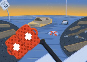 Illustration showing a flooded road and a crossroads.