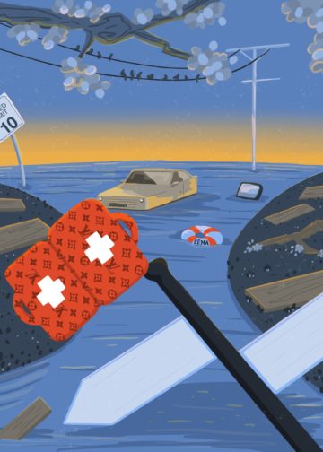 Illustration showing a flooded road and a crossroads.