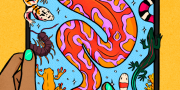 Reptiles and amphibians also known as herps seemingly coming out of an iPad.