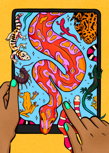 Reptiles and amphibians also known as herps seemingly coming out of an iPad.