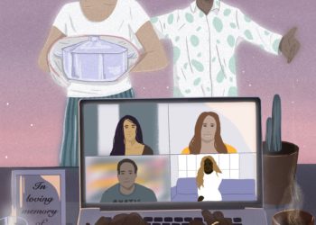 Illustration depicting an online funeral