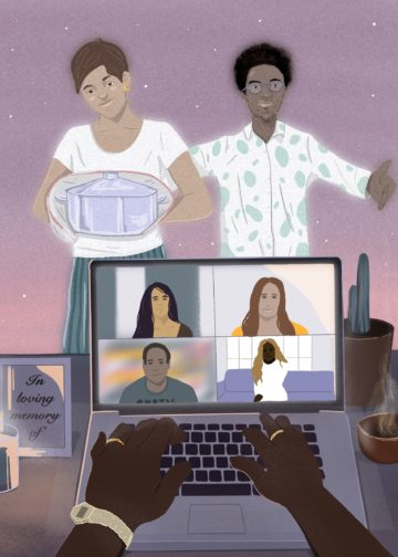 Illustration depicting an online funeral