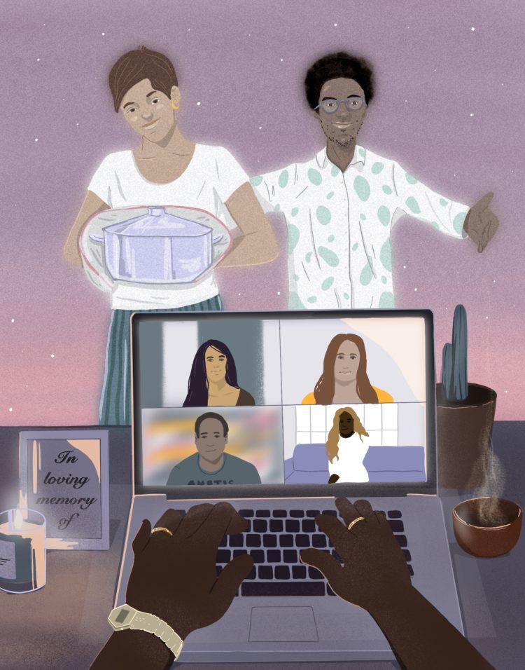 Illustration depicting an online funeral