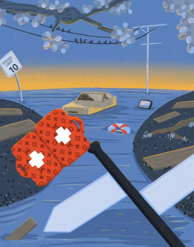 Illustration showing a flooded road and a crossroads.